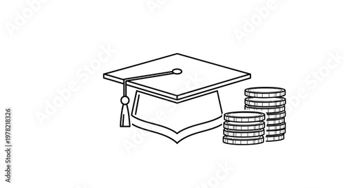 Graduation cap and stacks of coins representing educational costs