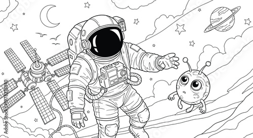 Astronaut meets an alien amidst celestial bodies a dark silhouette