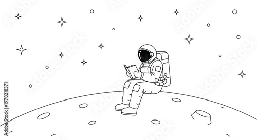 Astronaut peacefully reading a book while sitting on a lunar surface