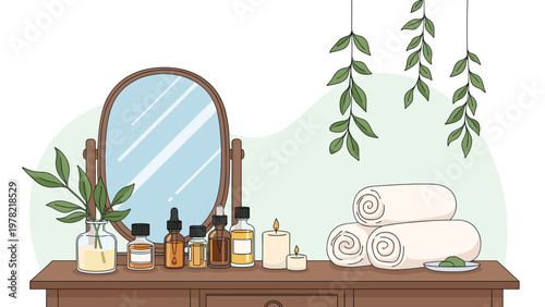 Relaxing spa vanity features a mirror essential oils aromatic candles and rolled white towels on a dark wooden table.