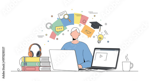 Man working remotely with learning icons a flat design silhouette