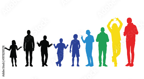 A row of colorful silhouettes depicting diverse human figures and poses