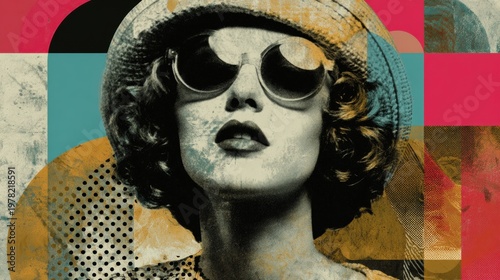 Woman wearing sunglasses and hat posing with vintage pop art collage