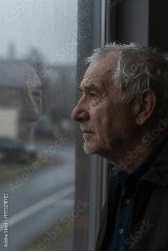 Melancholic portrait of an elderly man looking out a rainy window expressing Saudade