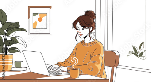Woman working on laptop with coffee a relaxed indoor scene silhouette