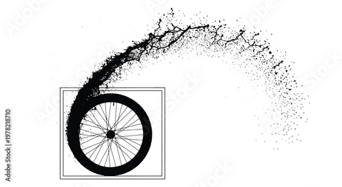 A bicycle wheel creates a splash of dark liquid in mid air