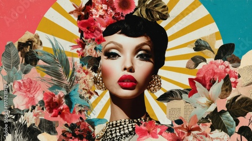 Woman face makeup floral crown art collage vintage glamour portrait