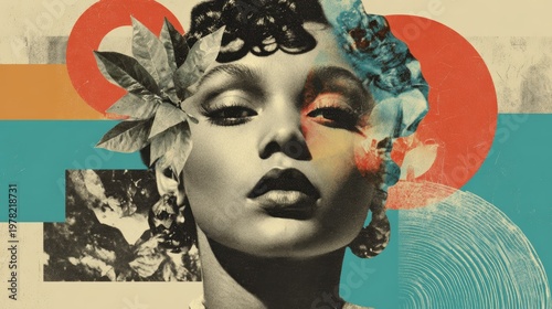 Woman face portrait with leaves and abstract geometric shapes collage