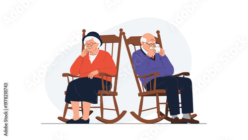 Elderly man and woman sit back to back in wooden rocking chairs while reflecting on life together in a quiet moment.