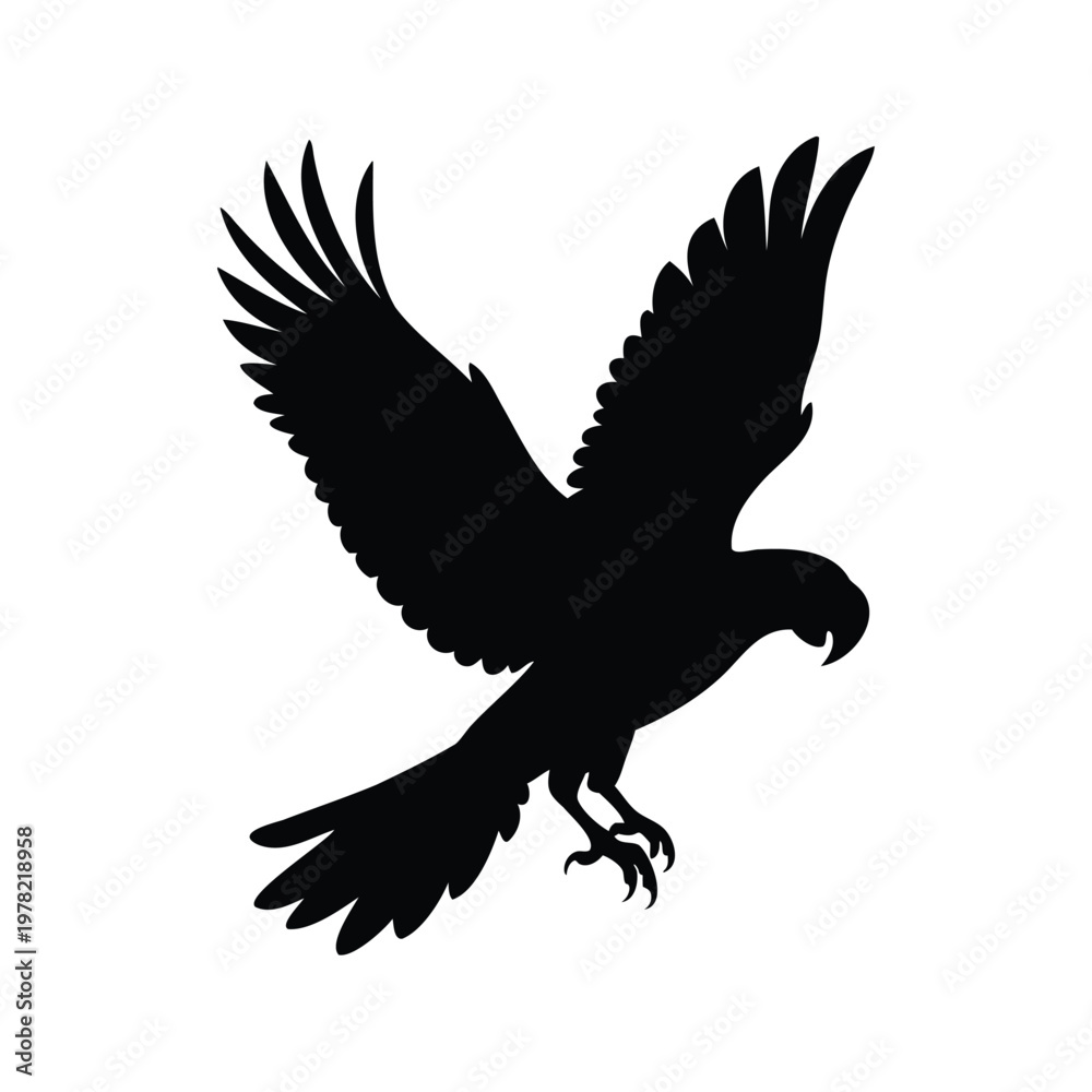 Obraz premium Black and white eagle in flight with outstretched wings silhouette vector illustration, parrot flying silhouette vector illustration