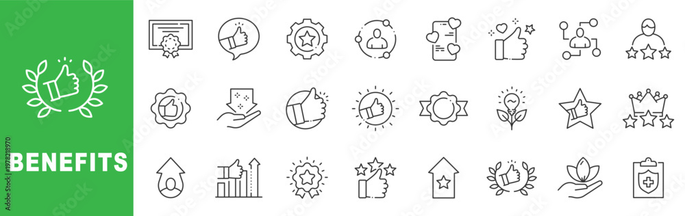 © tutti_frutti - Benefits outline icon set featuring approval, reward, recognition, health protection, growth, promotion and customer satisfaction symbols editable stroke line design © tutti_frutti - Benefits outline icon set featuring approval, reward, recognition, health protection, growth, promotion and customer satisfaction symbols editable stroke line design