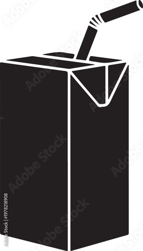 Black and white illustration of juice box with straw coming out  simple graphic design element