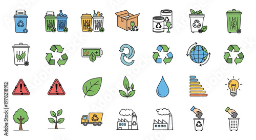 Colorful recycling icons depict waste management and environmental protection silhouette