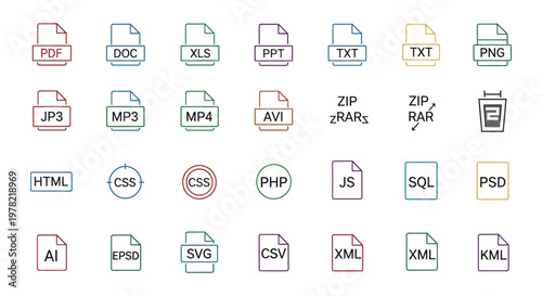 Colorful file format icons arranged on a white background silhouette