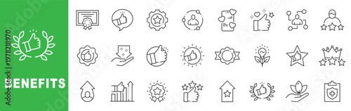 Benefits outline icon set featuring approval, reward, recognition, health protection, growth, promotion and customer satisfaction symbols editable stroke line design