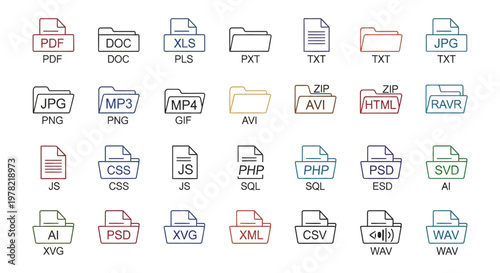 Colorful file format icons displayed in a grid silhouette