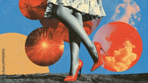 Leg woman wearing red heels walking retro collage