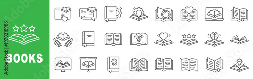 Books outline icon set featuring open book, ebook, textbook, research, education, knowledge and learning symbols editable stroke line design