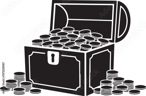 Black and white illustration of an open treasure chest filled with coins spilling out