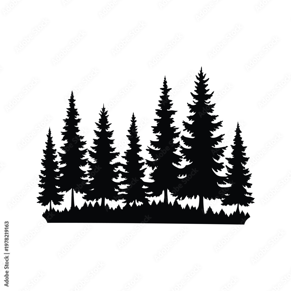 Obraz premium Silhouette of tall pine trees in a forest, black and white vector illustration design, pine forest silhouette vector illustration