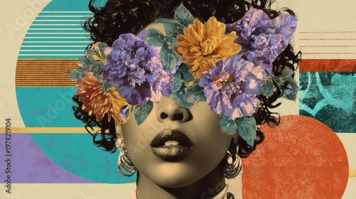 Flowers covering face with colorful retro shapes and artistic collage