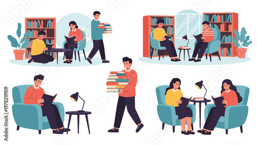 Set of illustrations depicts people enjoying books in a library or home setting with stacks of literature everywhere.