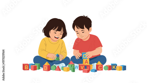 Two young children sit on the floor and play together with a large set of colorful toy blocks featuring letters of the alphabet.