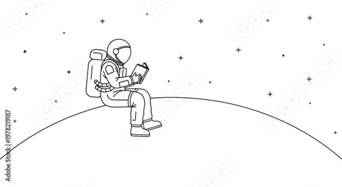 Astronaut reading a book while sitting on a planet in space