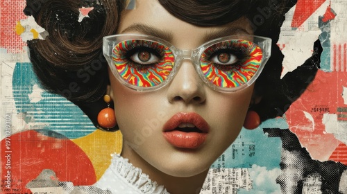 Woman wearing colorful sunglasses with psychedelic reflection and retro