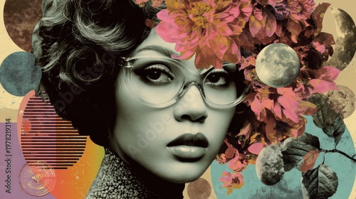 Woman portrait wearing glasses surrounded by flowers and abstract pattern