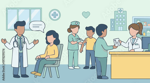 Healthcare services, medical staff, and patients interacting in a clinic