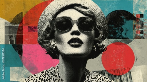Woman wearing sunglasses and hat in abstract geometric art