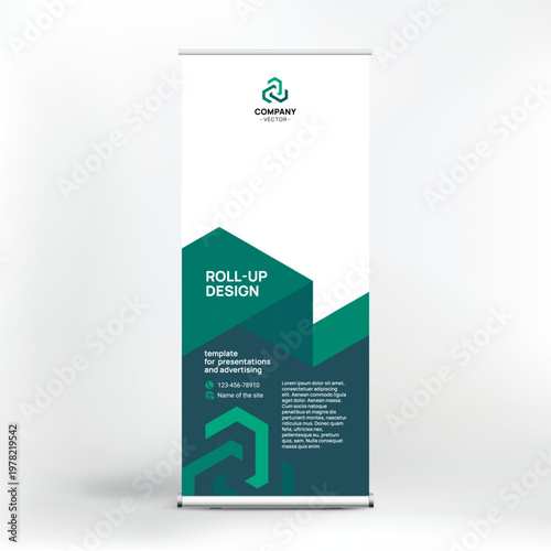 Banner design, roll-up stand for advertising, conferences, seminars, poster template for placing photos and text. Creative background for presentation