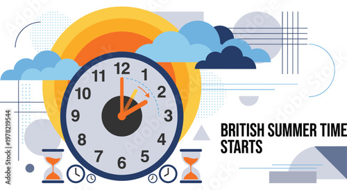 British summer time starts vector illustration. clock showing 1am changing to 2am. concept of daylight saving time in great britain. time change on last sunday of march every year.