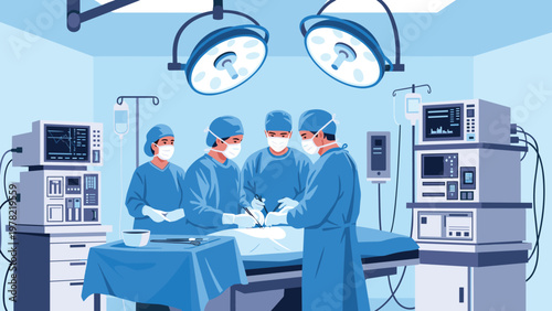 Team of professional medical surgeons and nurses performs a critical operation in a high tech hospital surgical suite.
