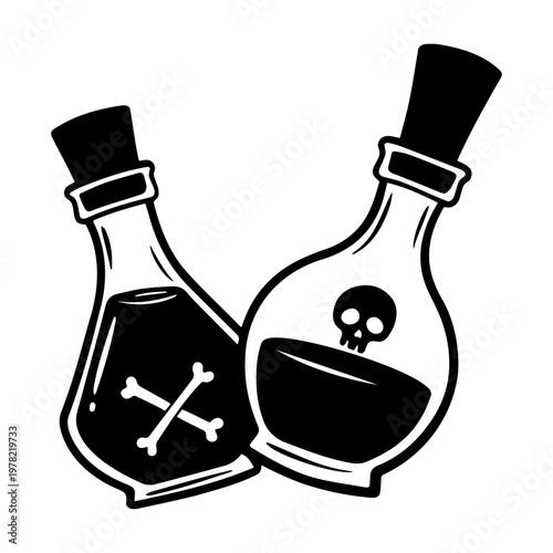A black and white vector illustration of two poison bottles with warning symbols