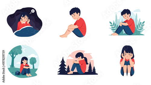 Set of emotional illustrations depicts children experiencing sadness, loneliness, and physical injury in various outdoor and indoor scenes.