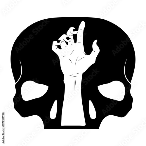 A black and white vector graphic of a skull with a hand emerging from it