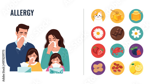Family members suffer from seasonal allergies while sneezing into tissues next to icons of common triggers like cats and pollen.