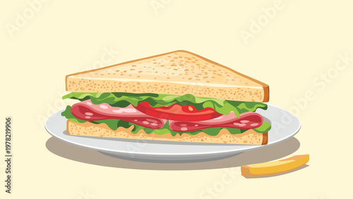 Delicious ham sandwich with fresh lettuce and tomato slices is served on a white plate with a golden French fry on the side.