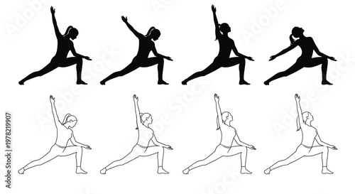 Silhouette illustrations of women performing a low lunge yoga pose