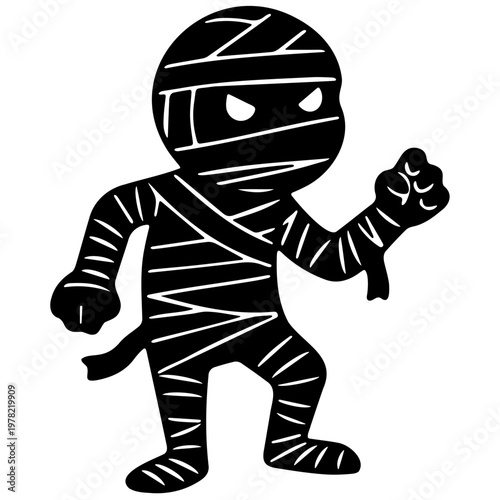 A cartoon mummy character with a menacing expression and bandages wrapped around its body