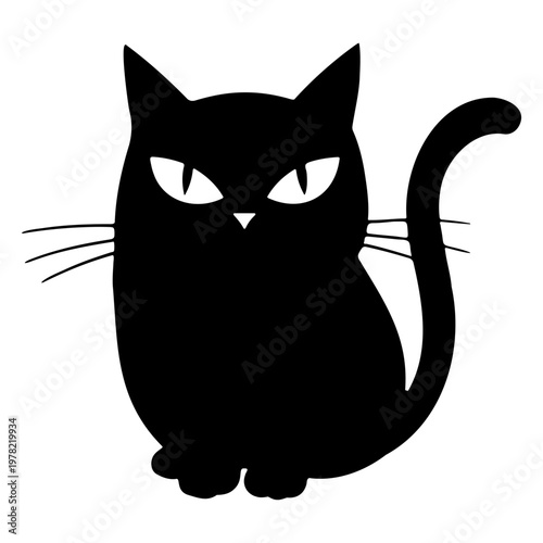 A black cat silhouette with an angry expression in a minimalist vector graphic design