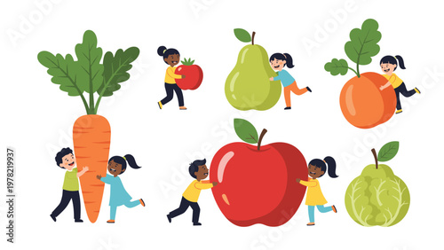 Diverse group of cheerful children plays and hugs giant oversized vegetables and fruits like carrots, apples, and pears on white.