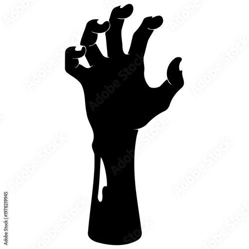 A black silhouette of a zombie hand reaching up in a threatening gesture
