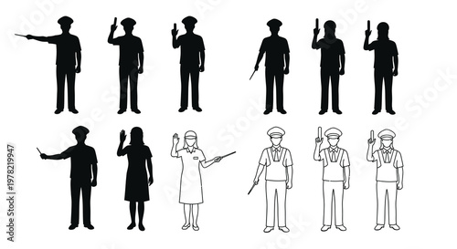 Silhouettes of various uniformed professionals directing or signaling