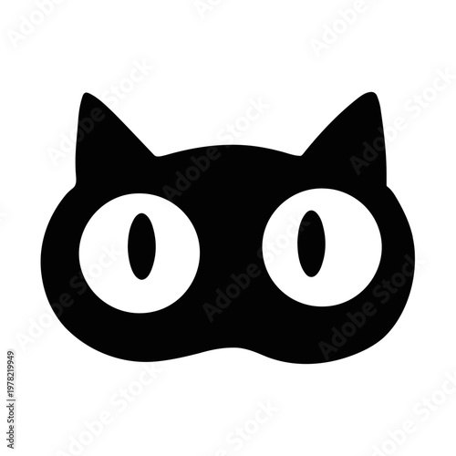 A minimalist black cat face vector icon with large white eyes