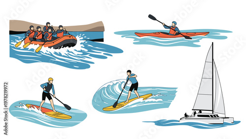 Active people enjoy various water sports including white water rafting, kayaking, paddleboarding, and sailing on the open blue ocean.