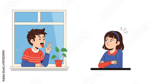 Boy sticking out his tongue and making a peace sign provokes an annoyed girl through a window in a playful or argumentative scene.