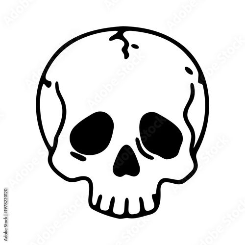 A minimalist black and white skull icon with a simple line art design